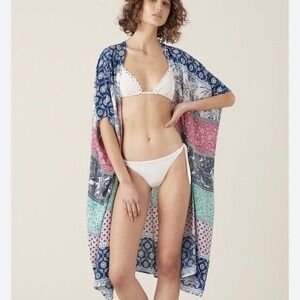 Tigerlily Noelani Silk Kimono Duster Patchwork Paisley Floral Boho Cover Up L XL